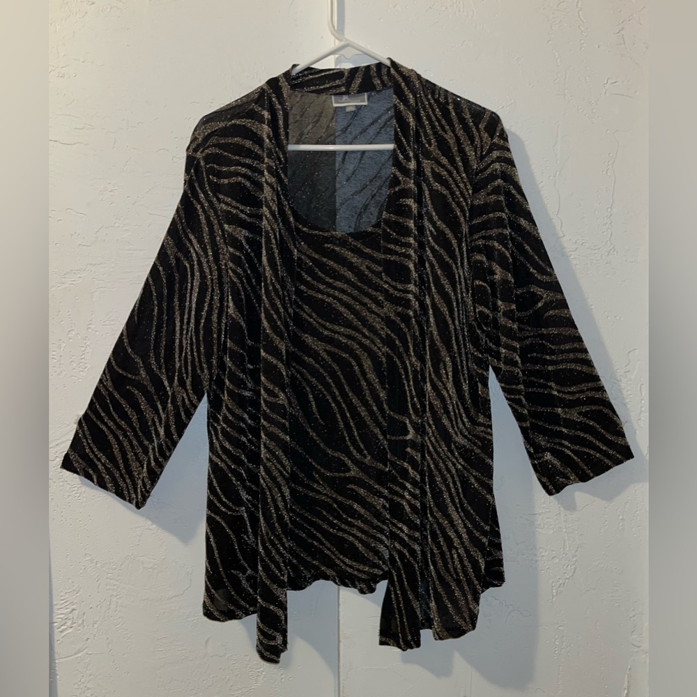 JM Collection Animal Print Tank with Cardigan, Black & Gold Shimmer - Picture 2 of 11